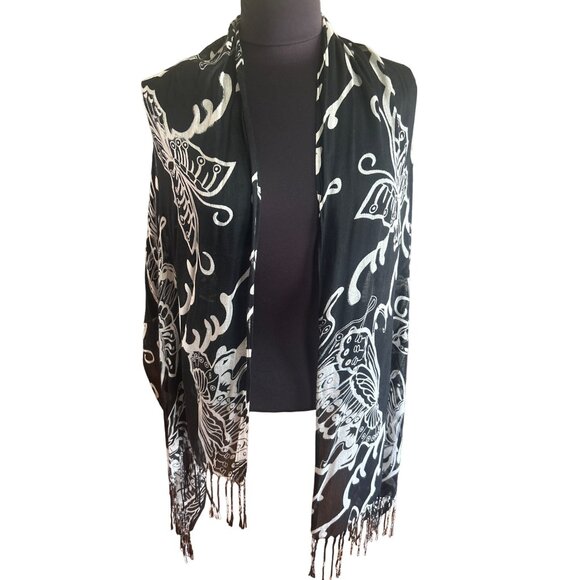 Natasha Black & Beige Butterfly Print Viscose Scarf Shawl Wrap - Picture 1 of 6